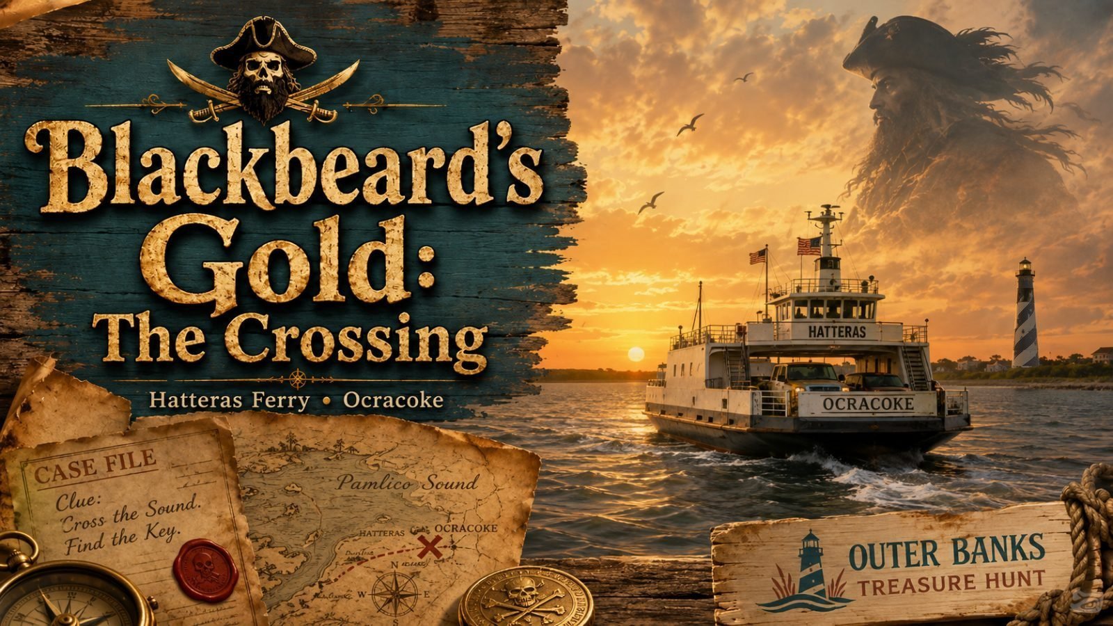Blackbeard’s Gold: The Crossing cover art: the Hatteras–Ocracoke ferry crossing Pamlico Sound at sunset