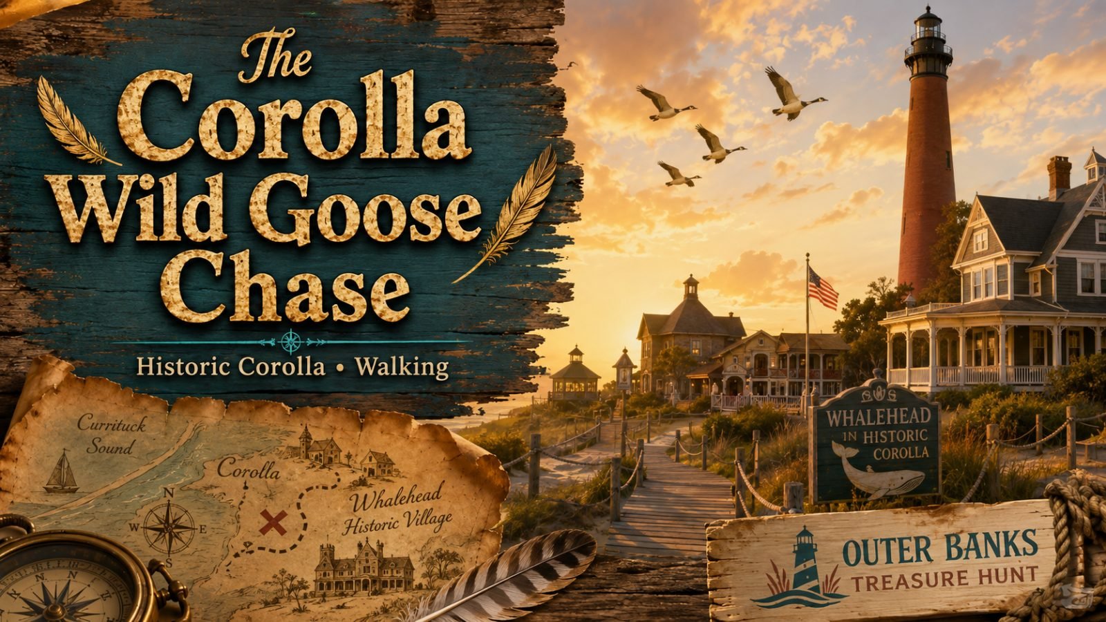 Corolla Wild Goose Chase cover art: Currituck Beach Lighthouse and Whalehead with geese over Historic Corolla Park