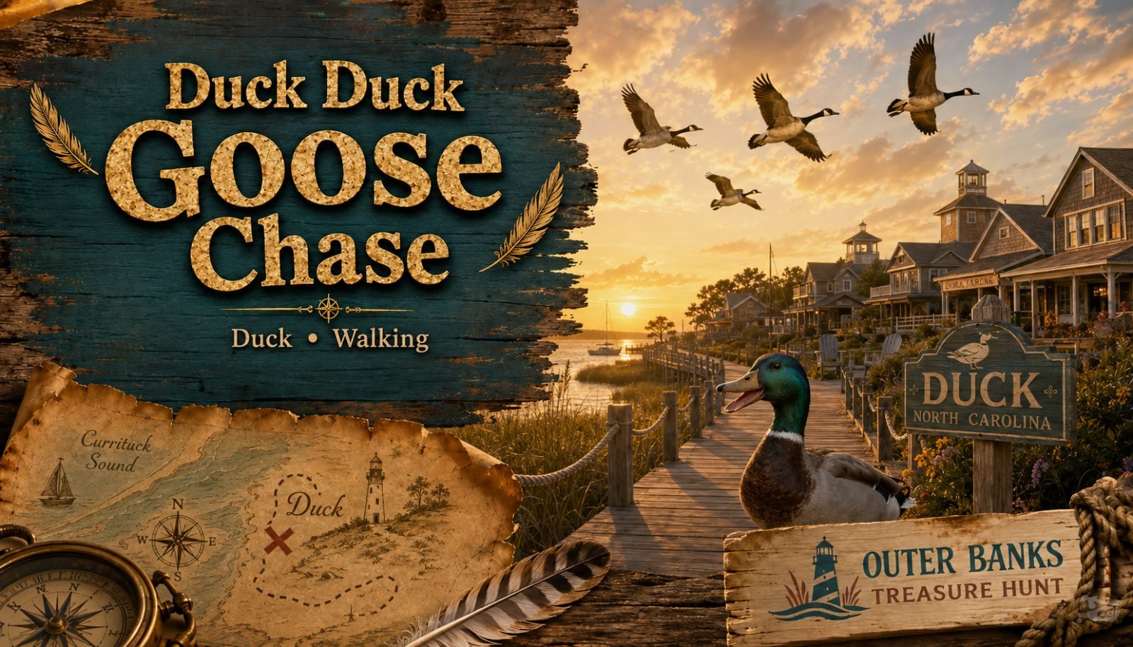 Duck, Duck, Goose Chase cover art: a mallard on the Duck boardwalk with geese flying over Currituck Sound