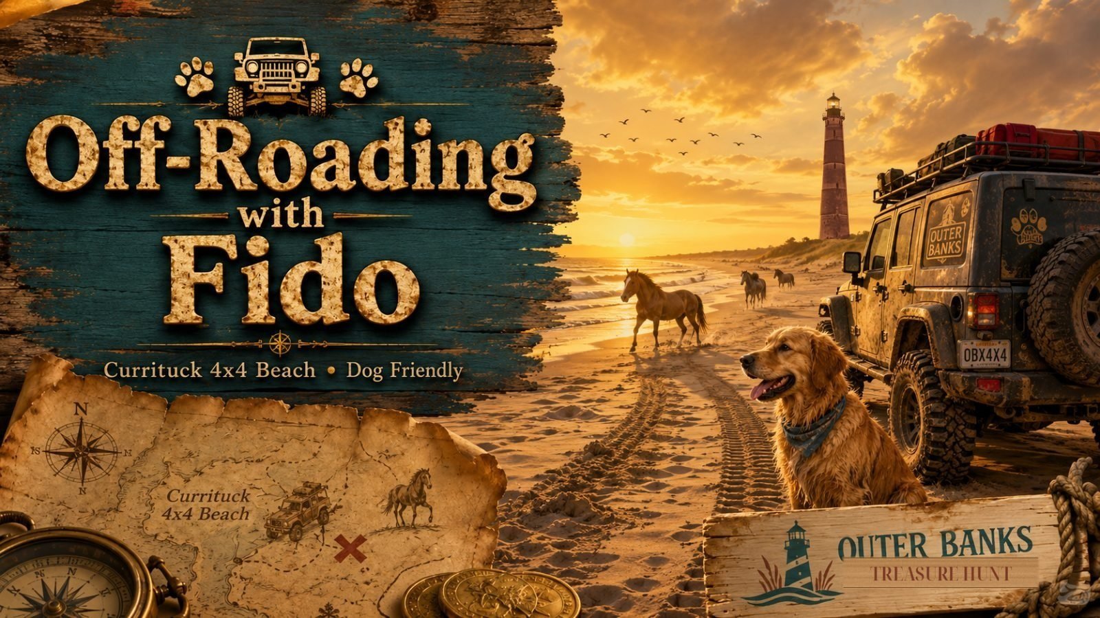 Off-Roading with Fido cover art: a dog and a Jeep on the Currituck 4x4 beach with wild horses at sunset