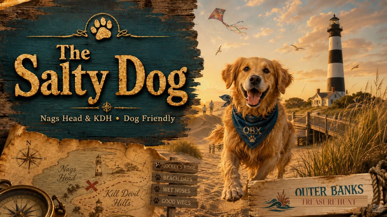 The Salty Dog cover art: a golden retriever in an OBX bandana on the dunes by Bodie Island Lighthouse