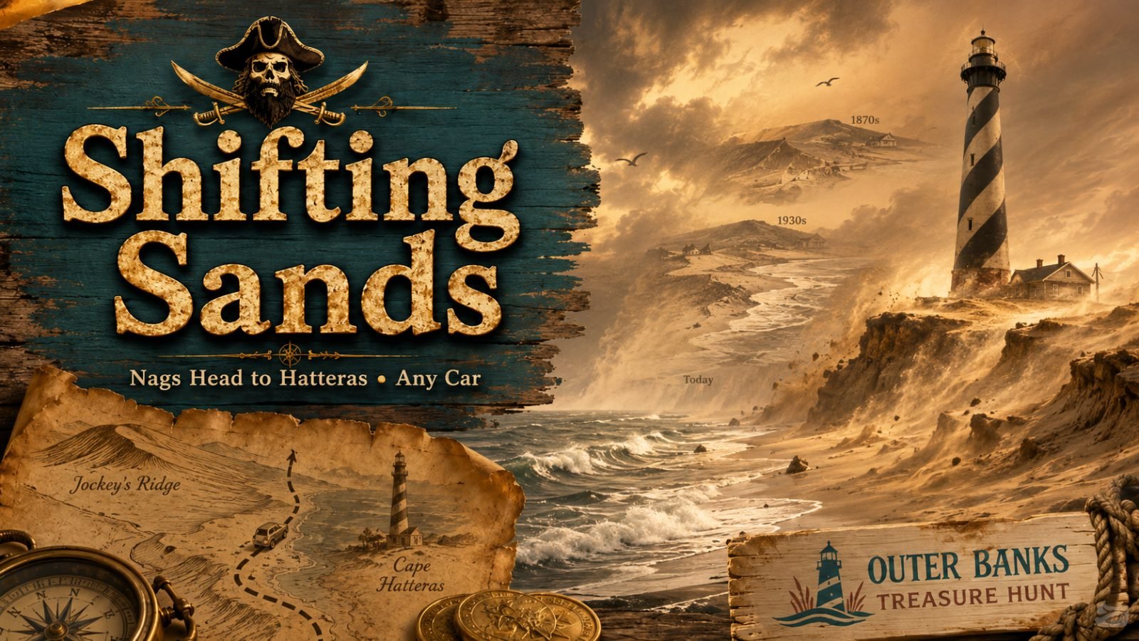 Shifting Sands cover art: Cape Hatteras Lighthouse over eroding dunes showing the coastline through time