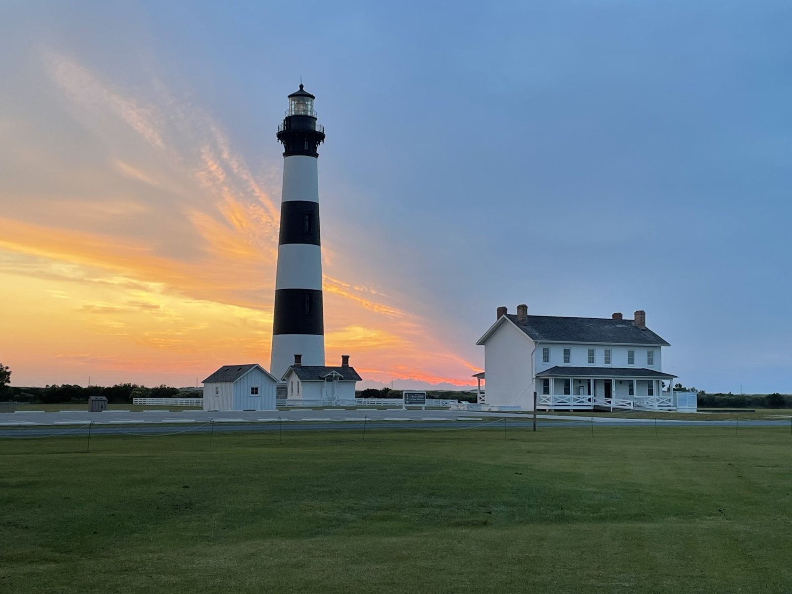 Bodie Island Lighthouse and keepers quarters at sunrise near Nags Head