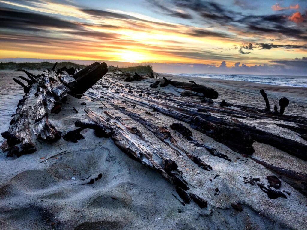 Weathered wooden shipwreck timbers uncovered on the beach south of Ramp 55