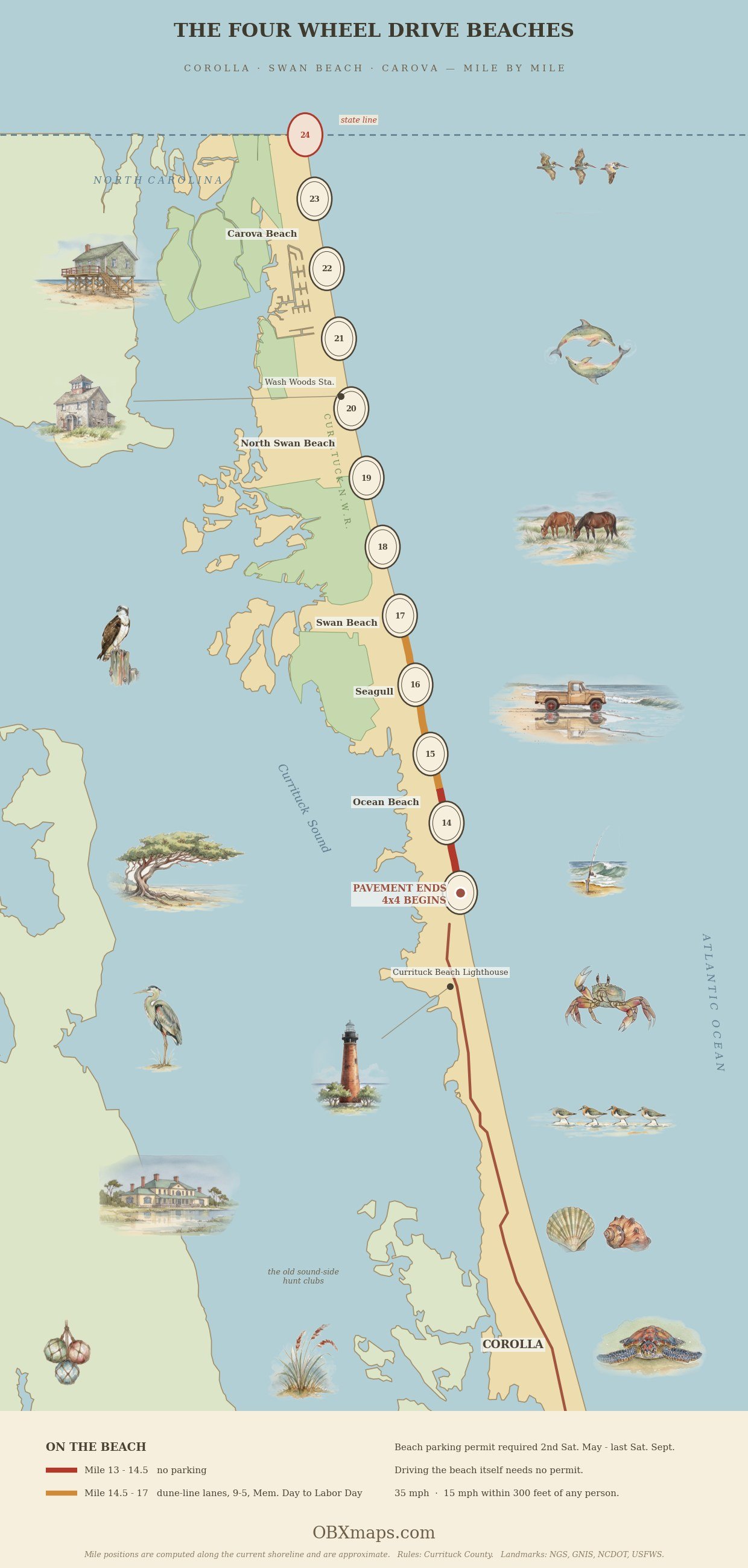 Illustrated map of the 4x4 beach from Corolla north to the Virginia line, with the beach miles 13 to 23.9 marked on the sand, the Currituck Beach Lighthouse, Wash Woods Station and the Carova neighborhoods.