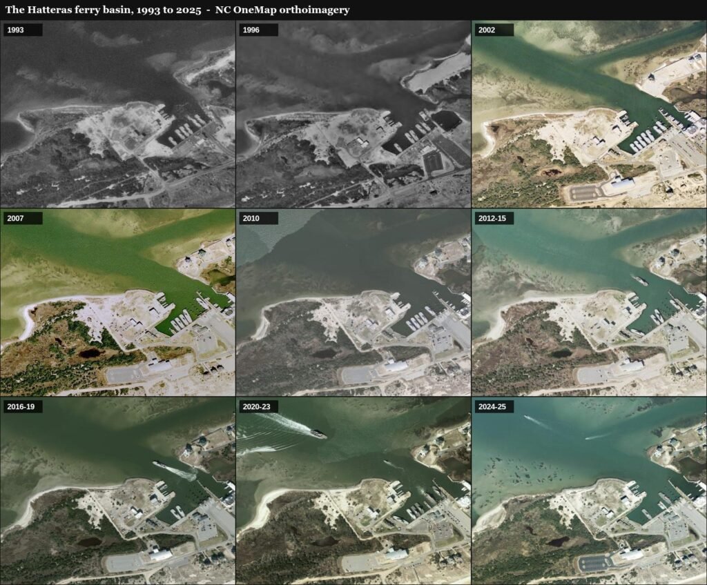 Nine aerial photos of the Hatteras ferry basin from 1993 to 2025