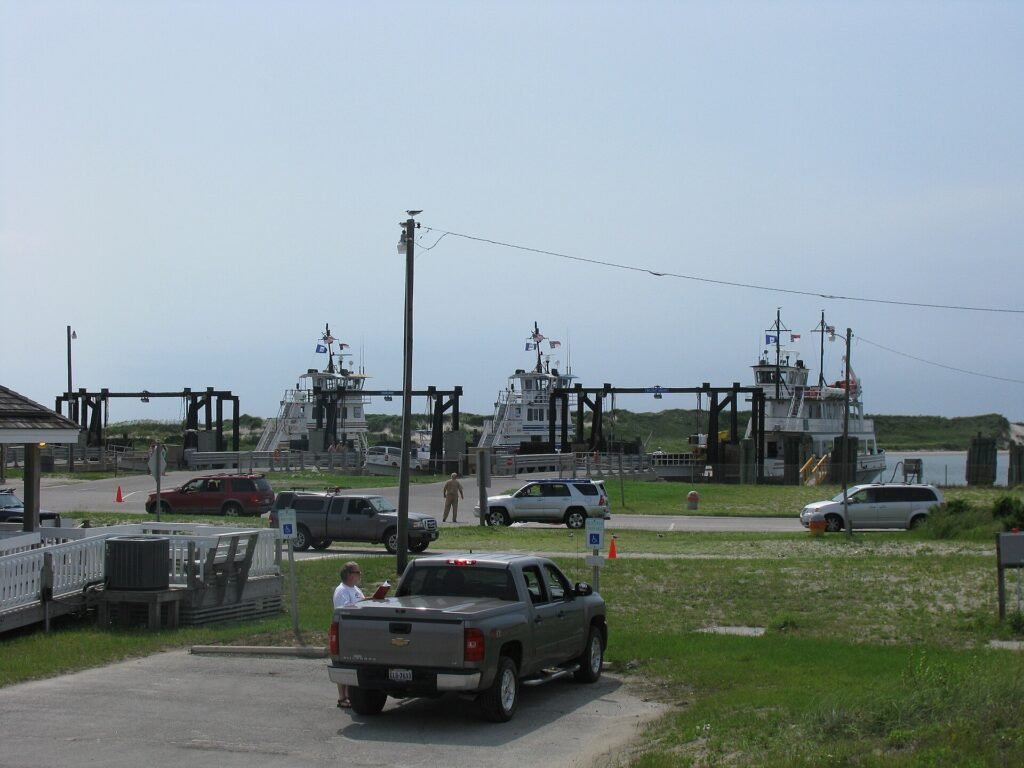 Three ferries docked in their slips at the Ocracoke terminal