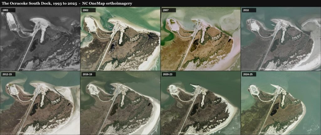 Eight aerial photos of the Ocracoke South Dock ferry terminal from 1993 to 2025 showing the sand around it reshaping