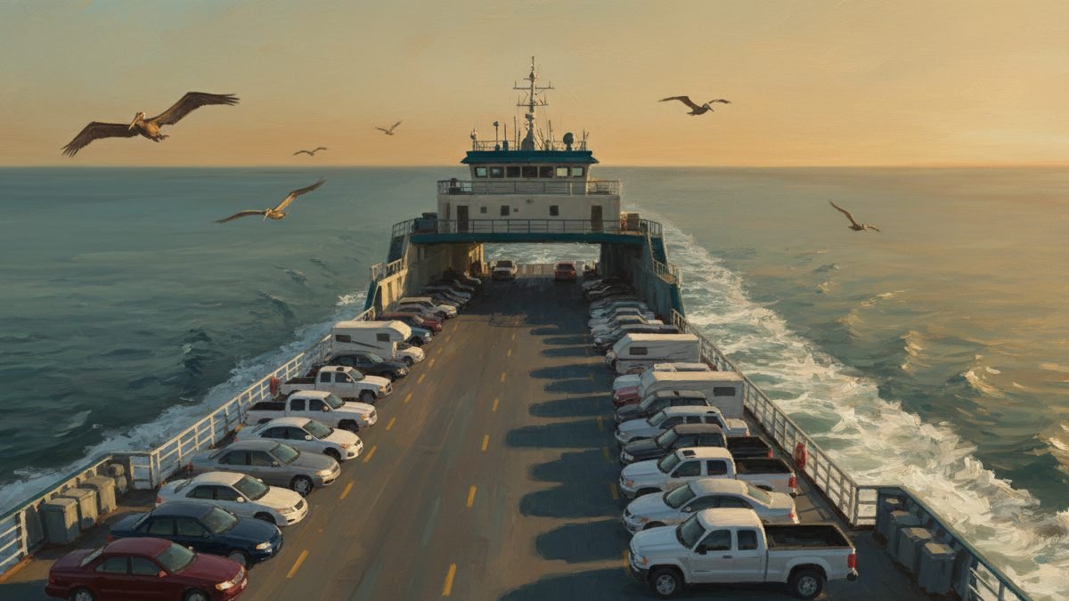 The free Hatteras–Ocracoke ferry crossing Pamlico Sound at sunset