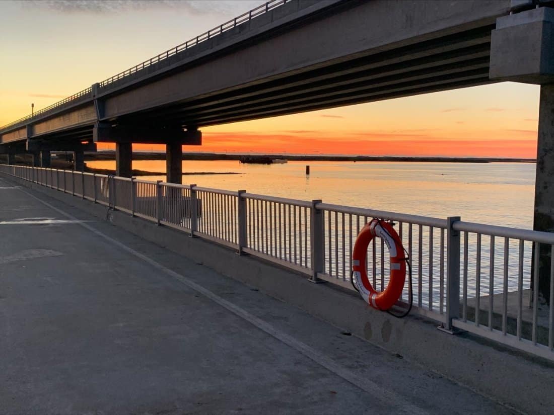 Sunrise over Oregon Inlet from the railing of the Bonner Bridge Pier