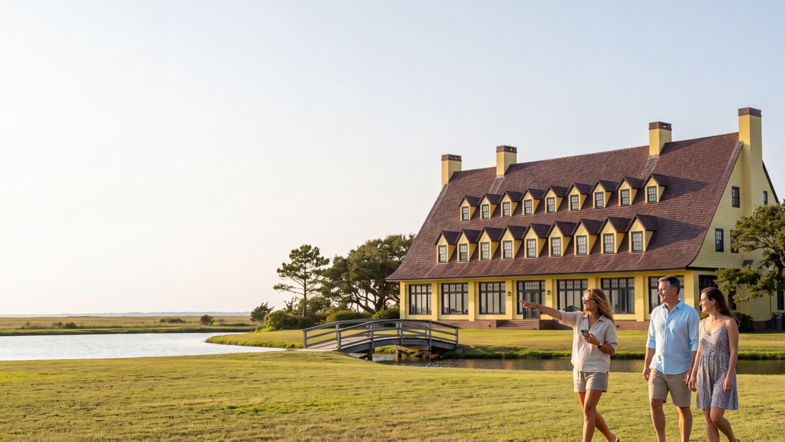 Three friends walking across the lawn toward a long yellow 1920s mansion with a steep copper roof, beside a pond with a small arched footbridge in Historic Corolla