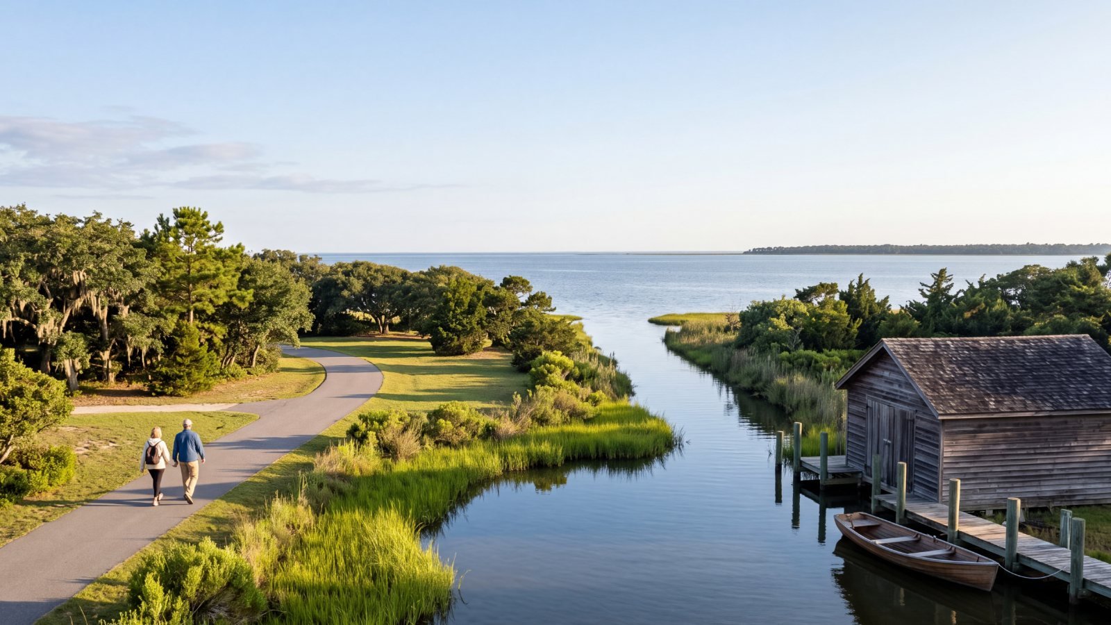 A pond with a weathered boathouse and a canal leading out to Currituck Sound, with a couple walking a paved path in a sound-side park