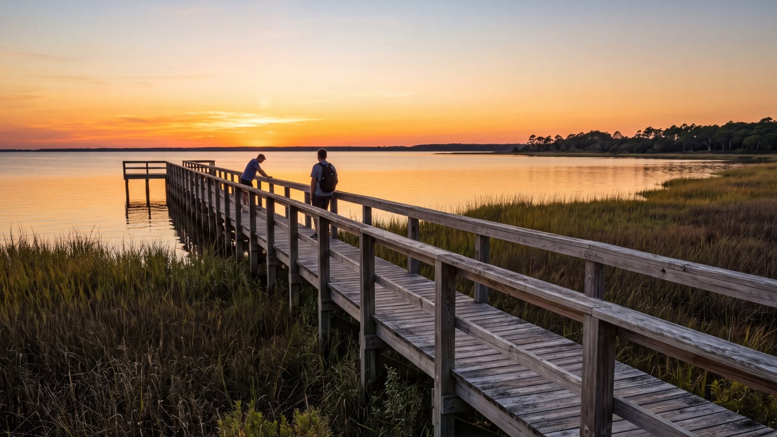 A wooden boardwalk running out over marsh into Currituck Sound at sunset