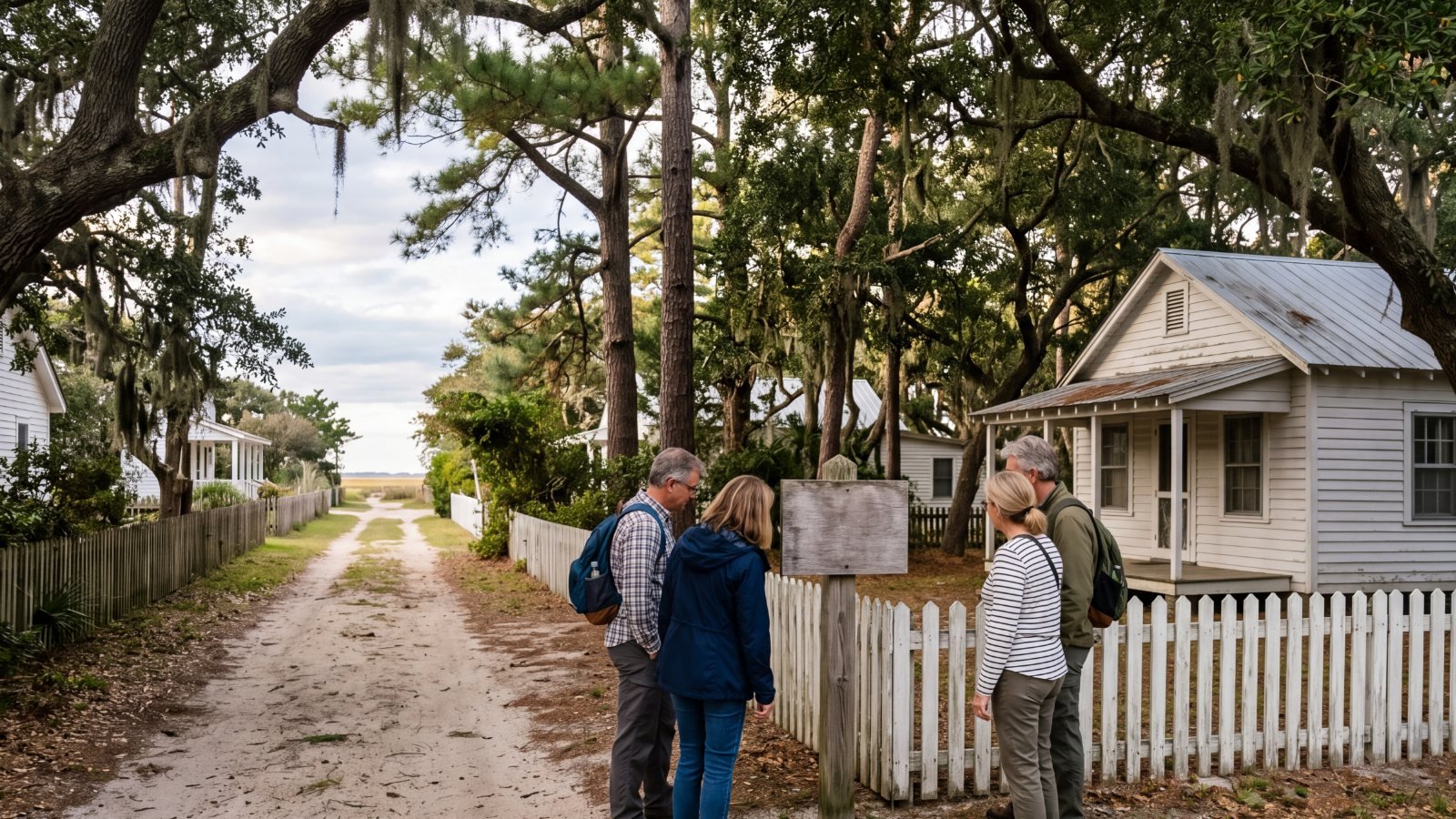 Friends reading a wooden marker post on a sandy lane of small white clapboard buildings under live oaks