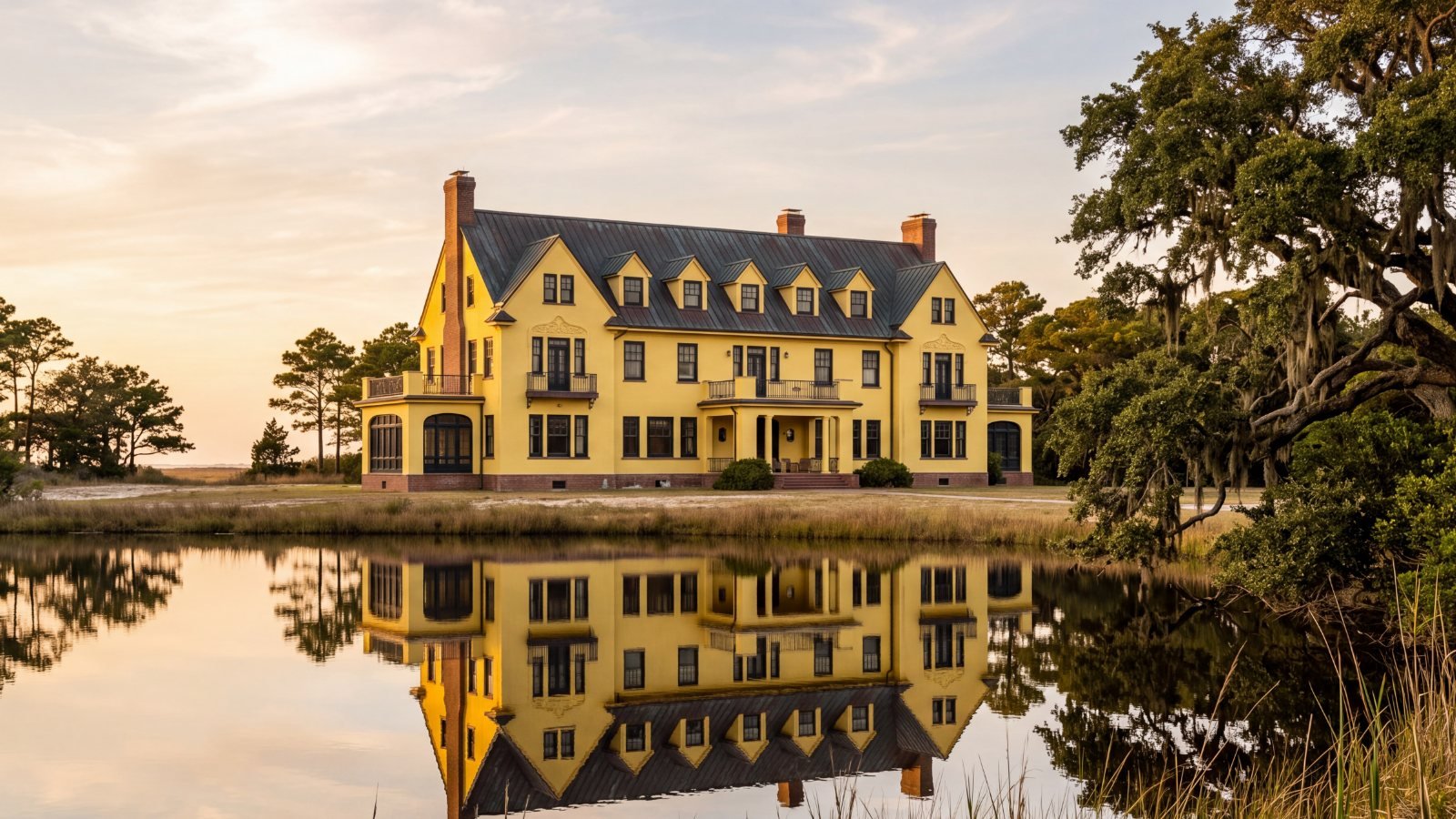 A yellow 1920s mansion with a dark copper roof reflected in a still pond at sunset