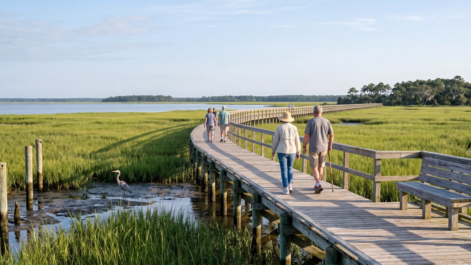 People walking a wooden boardwalk over marsh along the sound, with a heron in the shallows