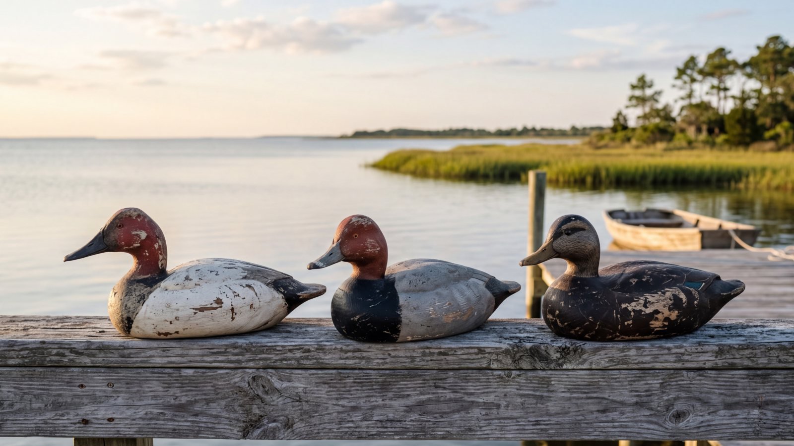 Three antique carved duck decoys, a canvasback, a redhead and a black duck, on a weathered dock rail by the sound