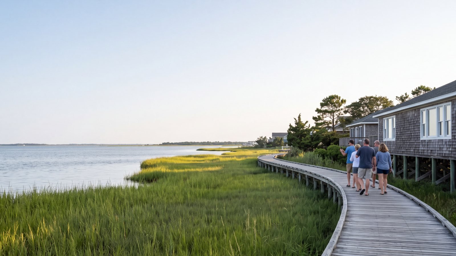 Friends walking a curving wooden boardwalk through marsh grass along Currituck Sound, with shingled shops on pilings beside it