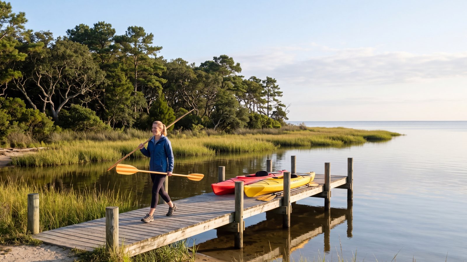 A woman carrying paddles along a low dock at a sound-side kayak launch, with two kayaks pulled up