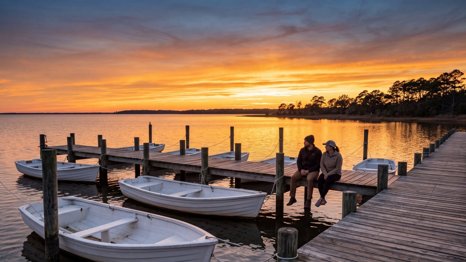 Two people sitting on a dock beside small boats in their slips as the sun sets over the sound
