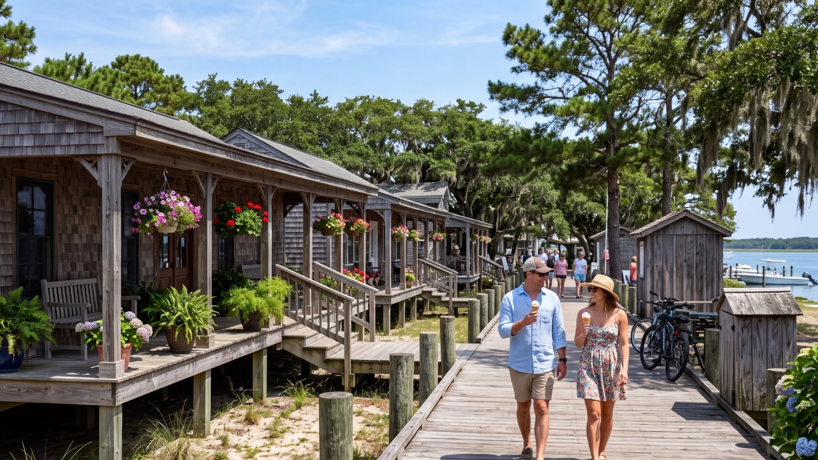 A couple with ice cream walking a boardwalk past cedar-shingled shops with hanging flower baskets