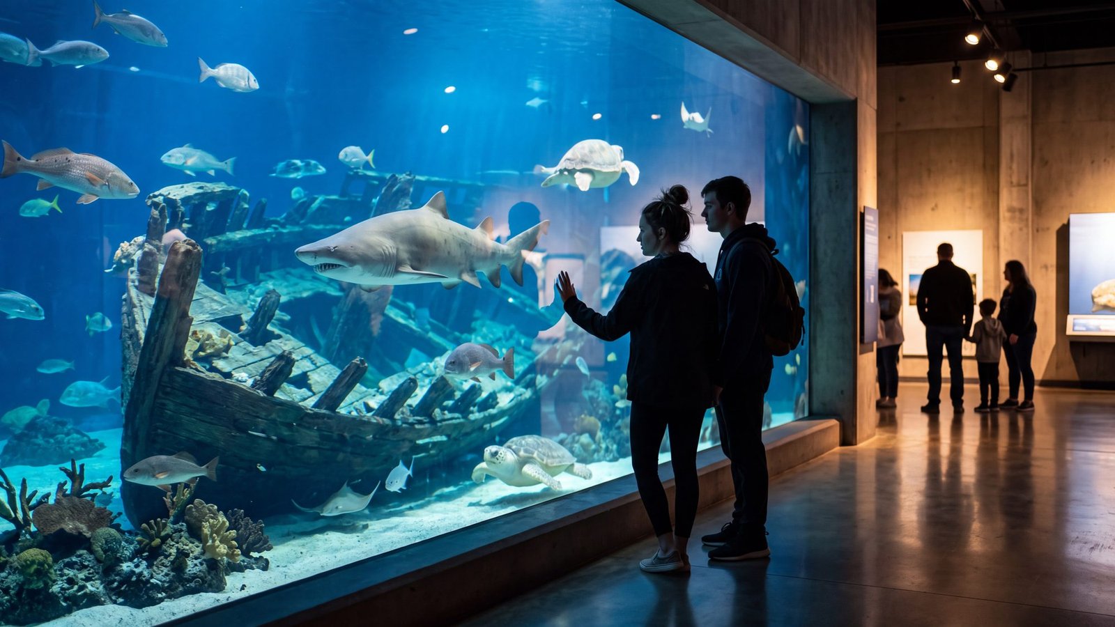 A couple silhouetted against a huge blue aquarium tank as a sand tiger shark and sea turtles glide past a sunken shipwreck set