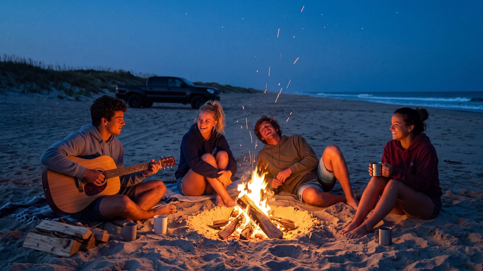 Four friends around a small driftwood fire on open sand at blue hour, one playing a guitar, a 4x4 parked up the beach behind them