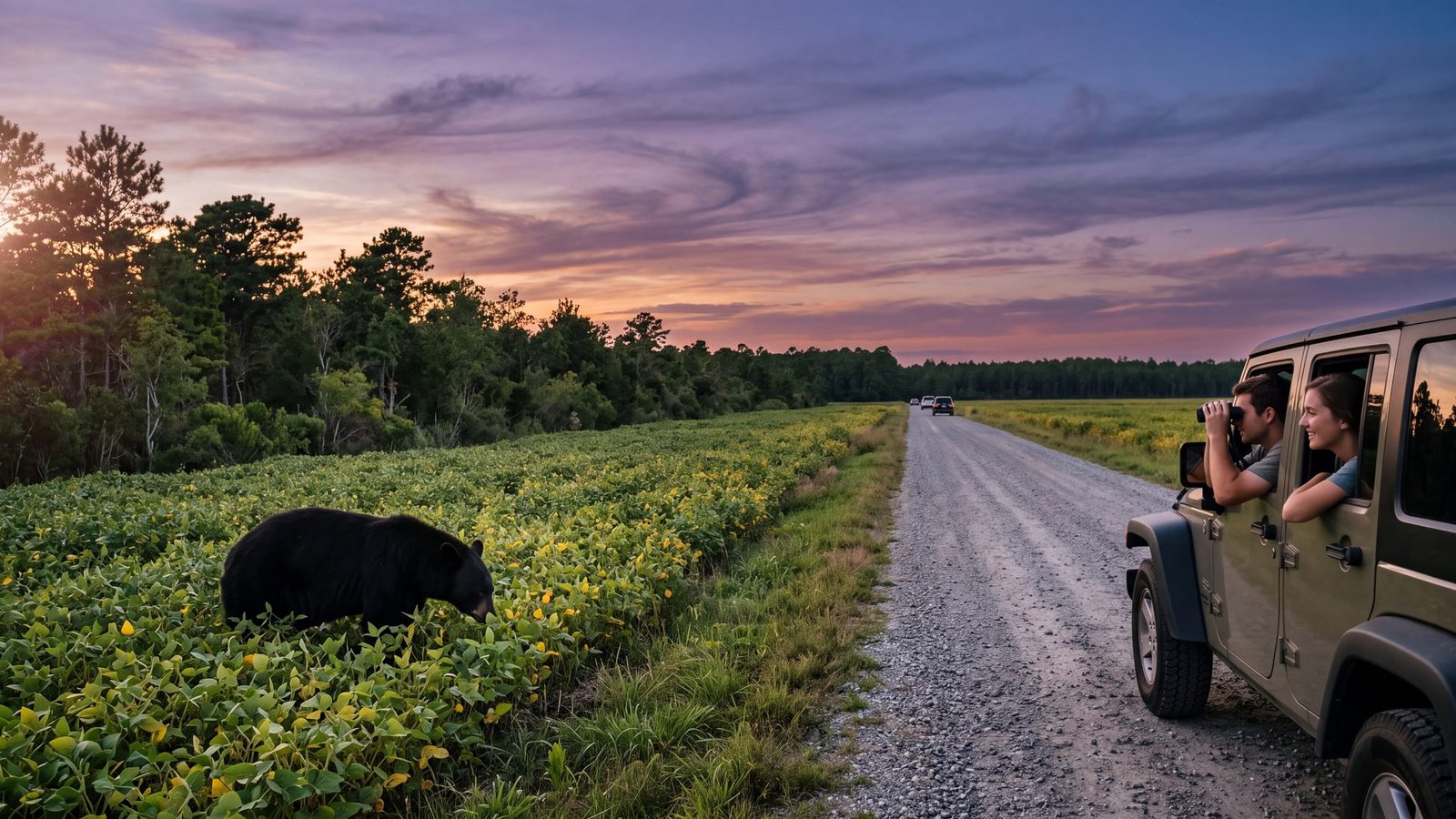 A black bear grazes at the edge of a field beside a gravel wildlife-drive road at dusk while a couple watches from a parked 4x4 well back