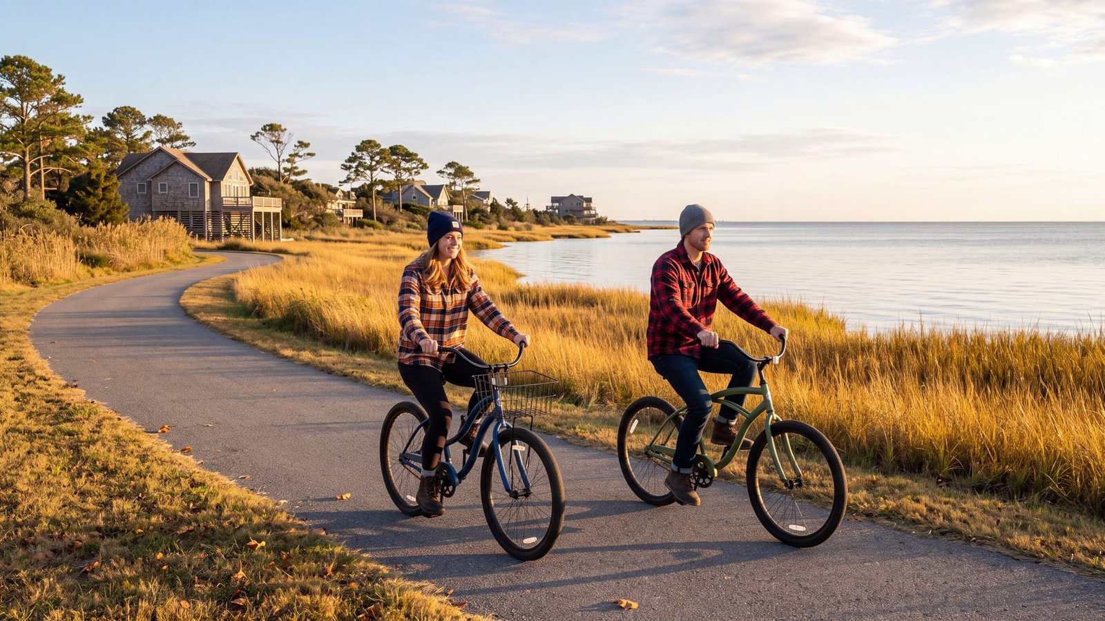 A couple in flannel shirts and beanies ride beach-cruiser bikes on a paved path beside a wide sound at golden hour in autumn