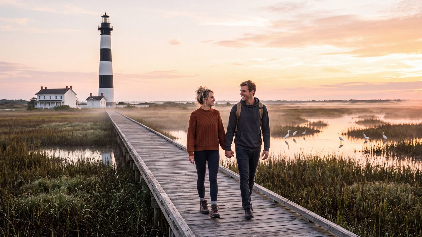 A couple walks a wooden boardwalk through misty marsh at sunrise toward the Bodie Island Lighthouse with its black and white horizontal bands