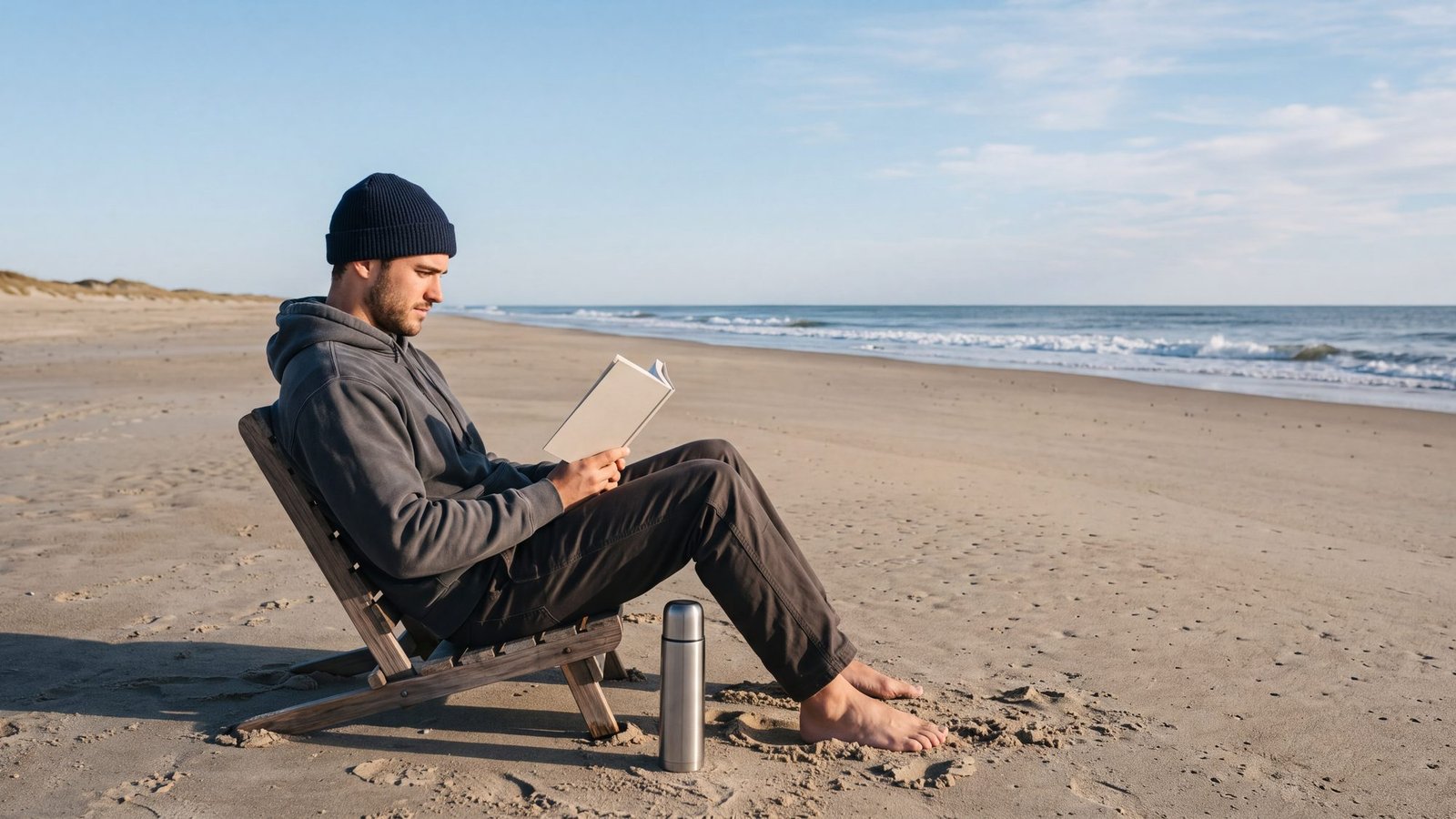 A man in a hoodie and beanie reads a paperback in a low beach chair on a wide empty beach, a thermos in the sand beside him