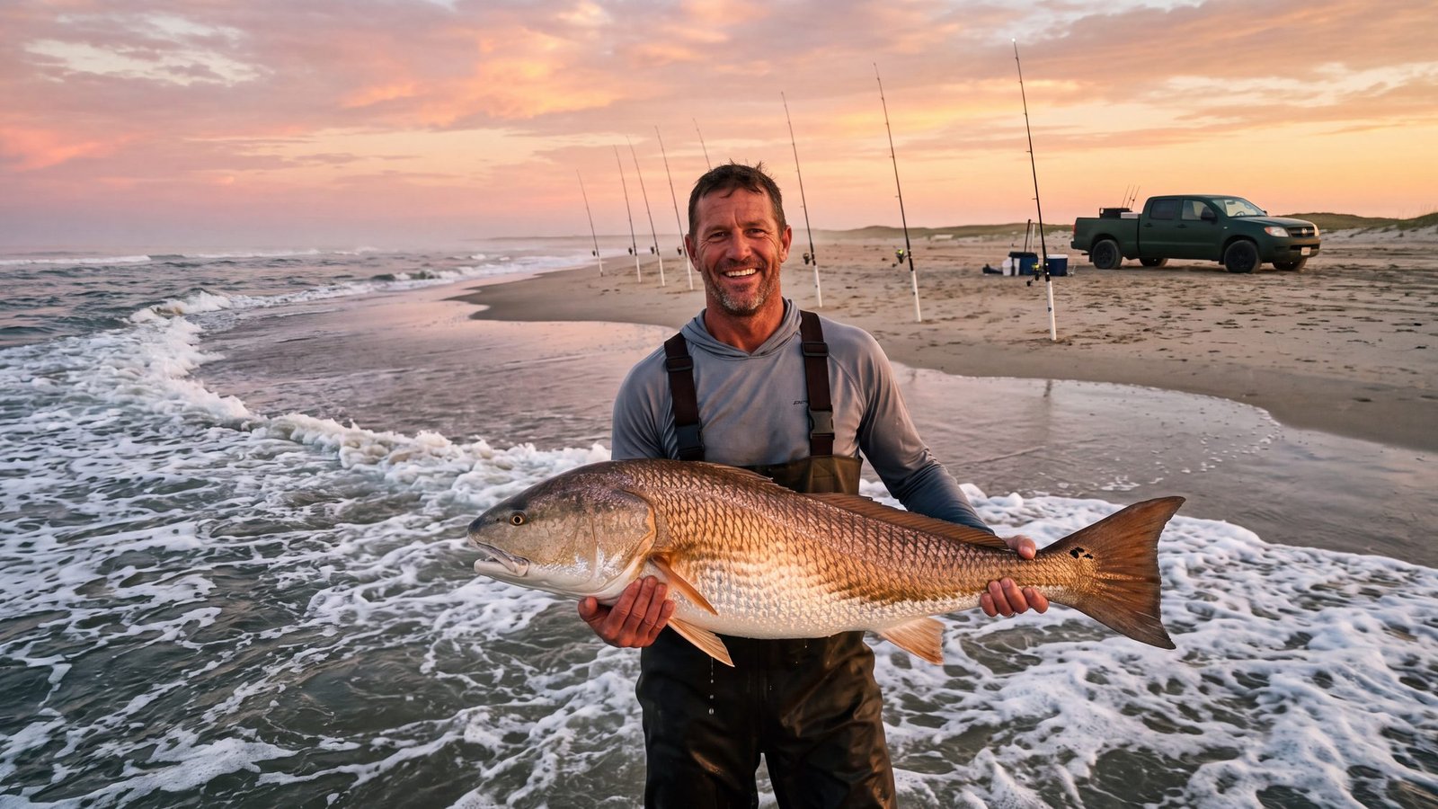 An angler in waders holds up a big red drum at the waterline at dawn on Cape Point, a row of surf rods in sand spikes behind him