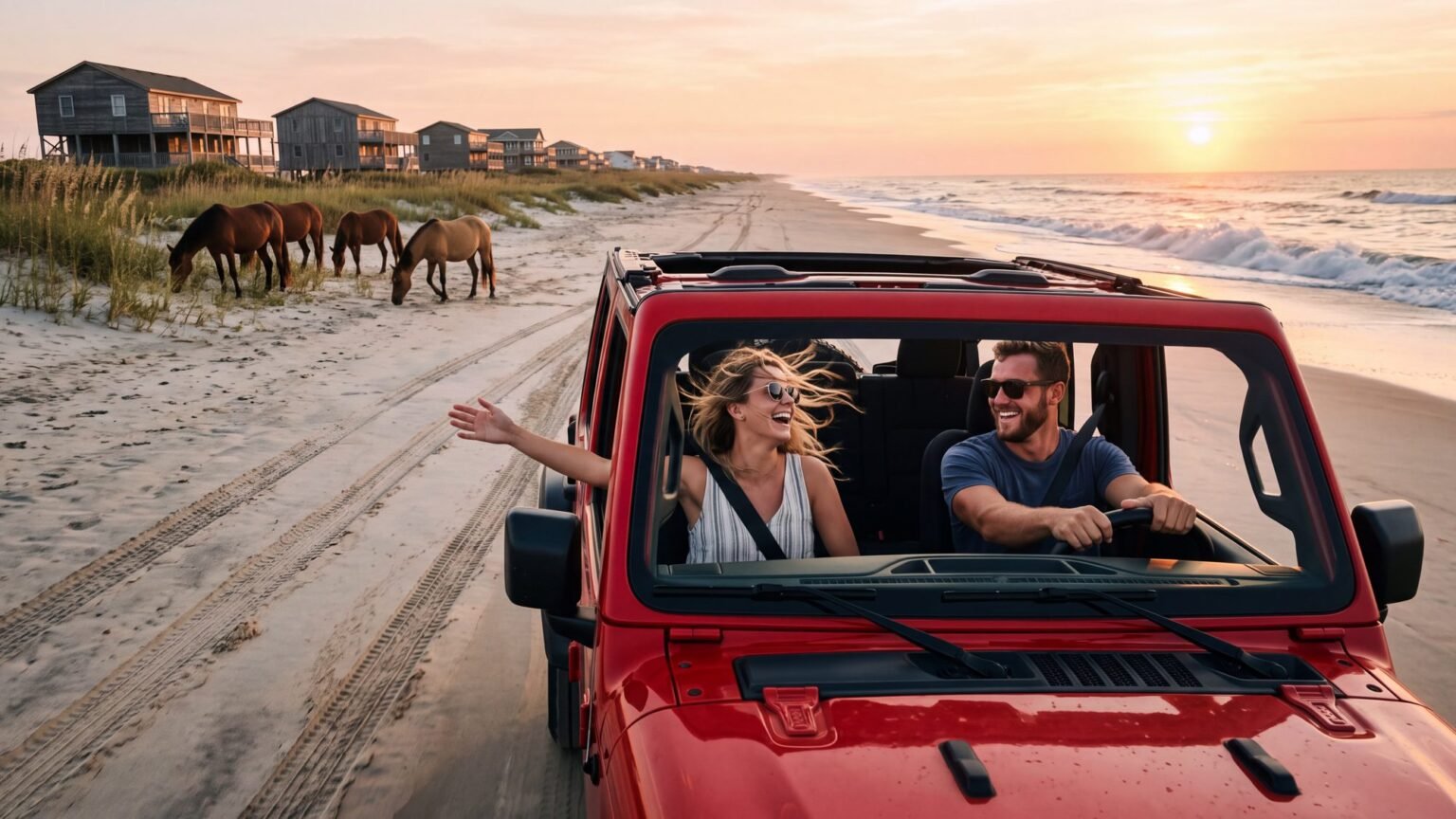 A couple riding the hard sand at sunrise in a red Jeep with the top folded back, wild horses grazing on the dune line in front of houses on pilings
