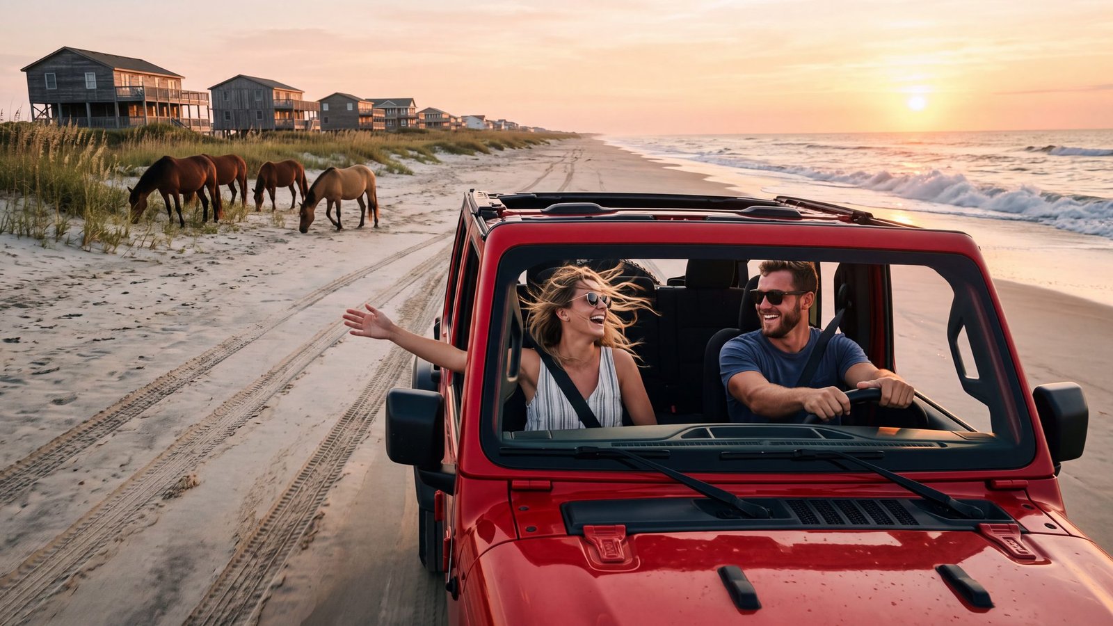 A couple riding the hard sand at sunrise in a red Jeep with the top folded back, wild horses grazing on the dune line in front of houses on pilings