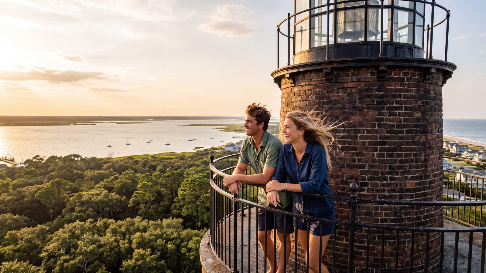 A couple at the top gallery railing of the unpainted brick Currituck Beach Lighthouse in Corolla, looking out over the maritime forest to Currituck Sound at golden hour