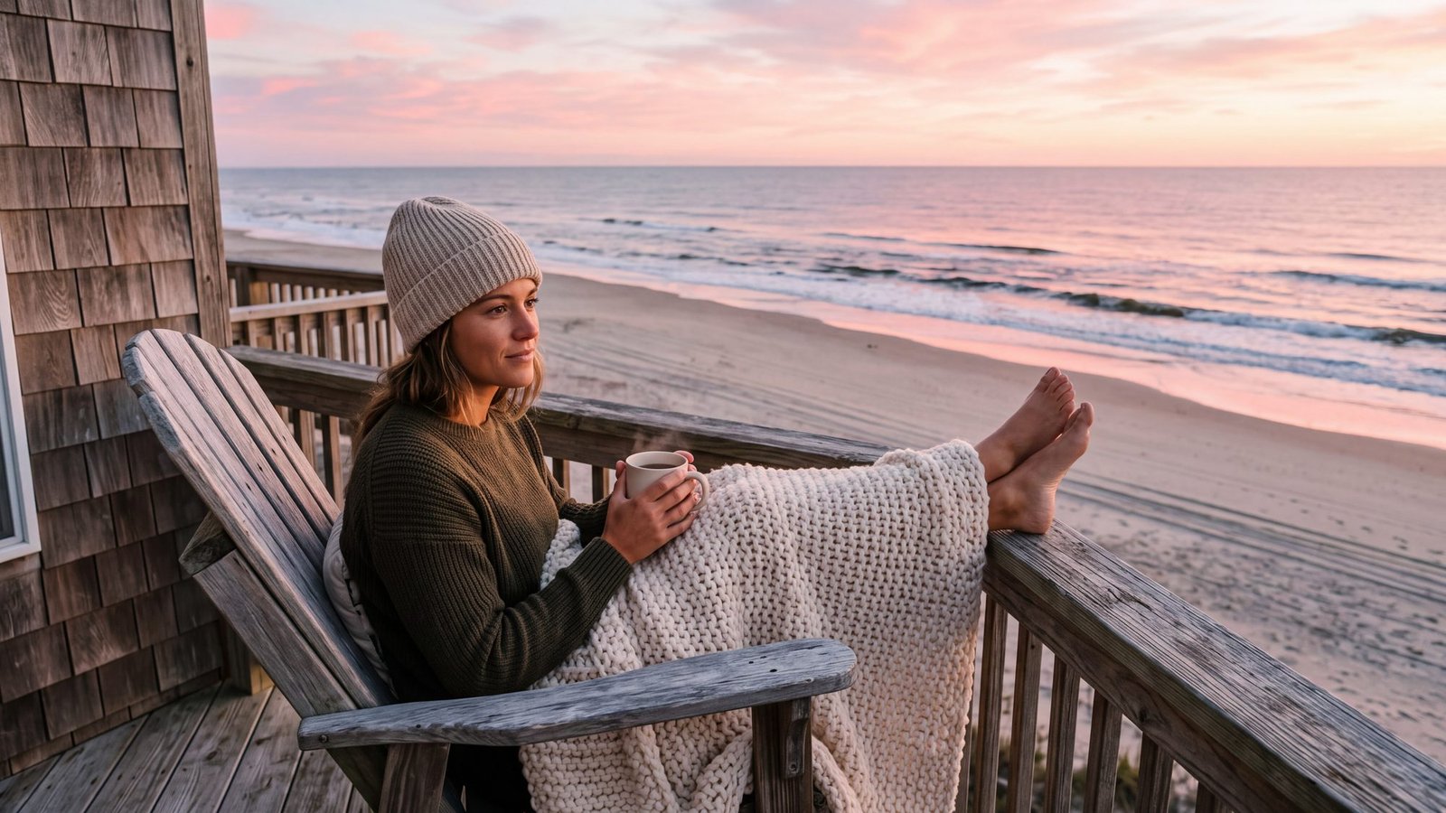 A woman wrapped in a knit blanket in an Adirondack chair on an oceanfront deck at sunrise, hands around a steaming mug, an empty beach below