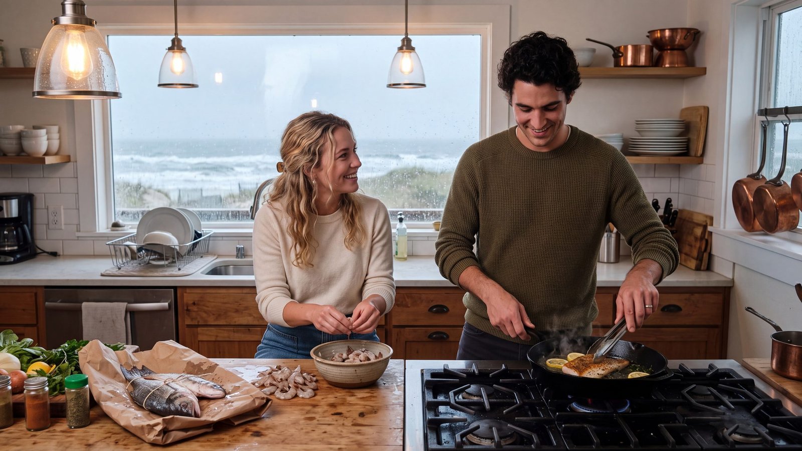 A couple cook together in a bright beach-house kitchen on a rainy day, the man searing a fish fillet in a cast-iron pan, the woman shelling shrimp at the counter, grey ocean through the window