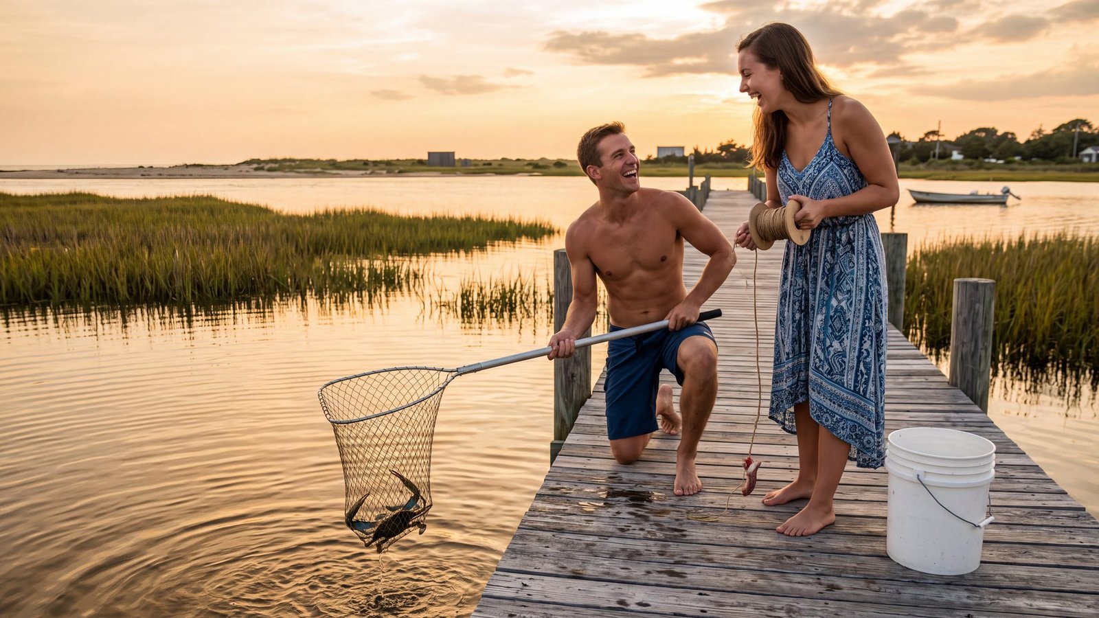 A couple on a weathered sound-side dock at sunset, the man lifting a dip net with a blue crab in it, the woman holding a hand line, a bucket beside them