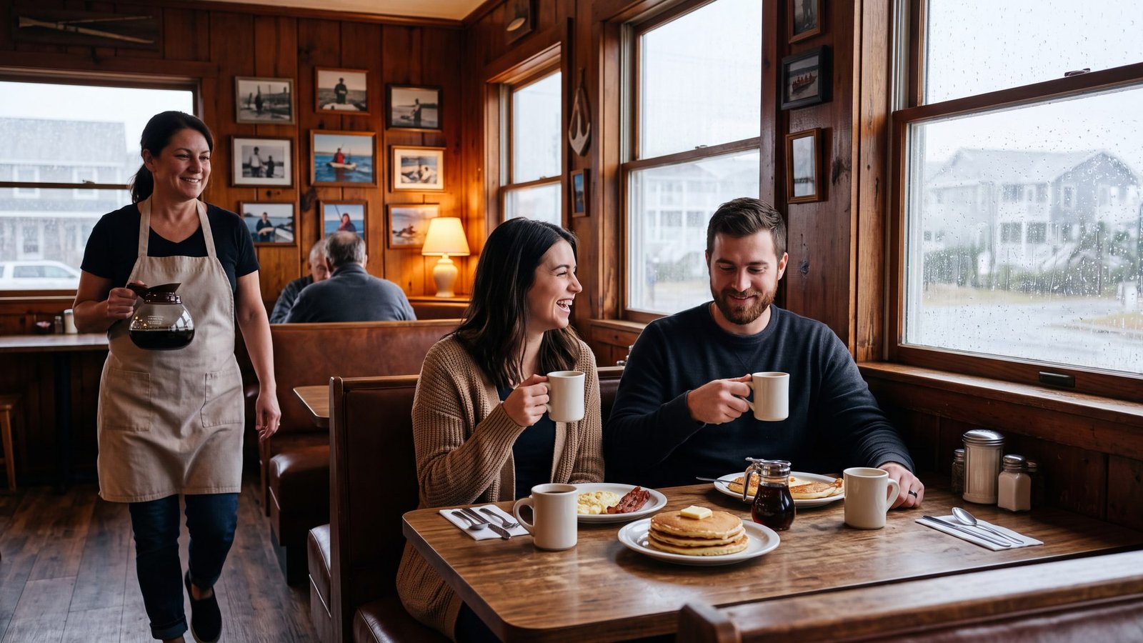 A couple laugh over pancakes, eggs and coffee in a booth at a wood-paneled beach-town diner on a rainy morning, a waitress passing with a coffee pot