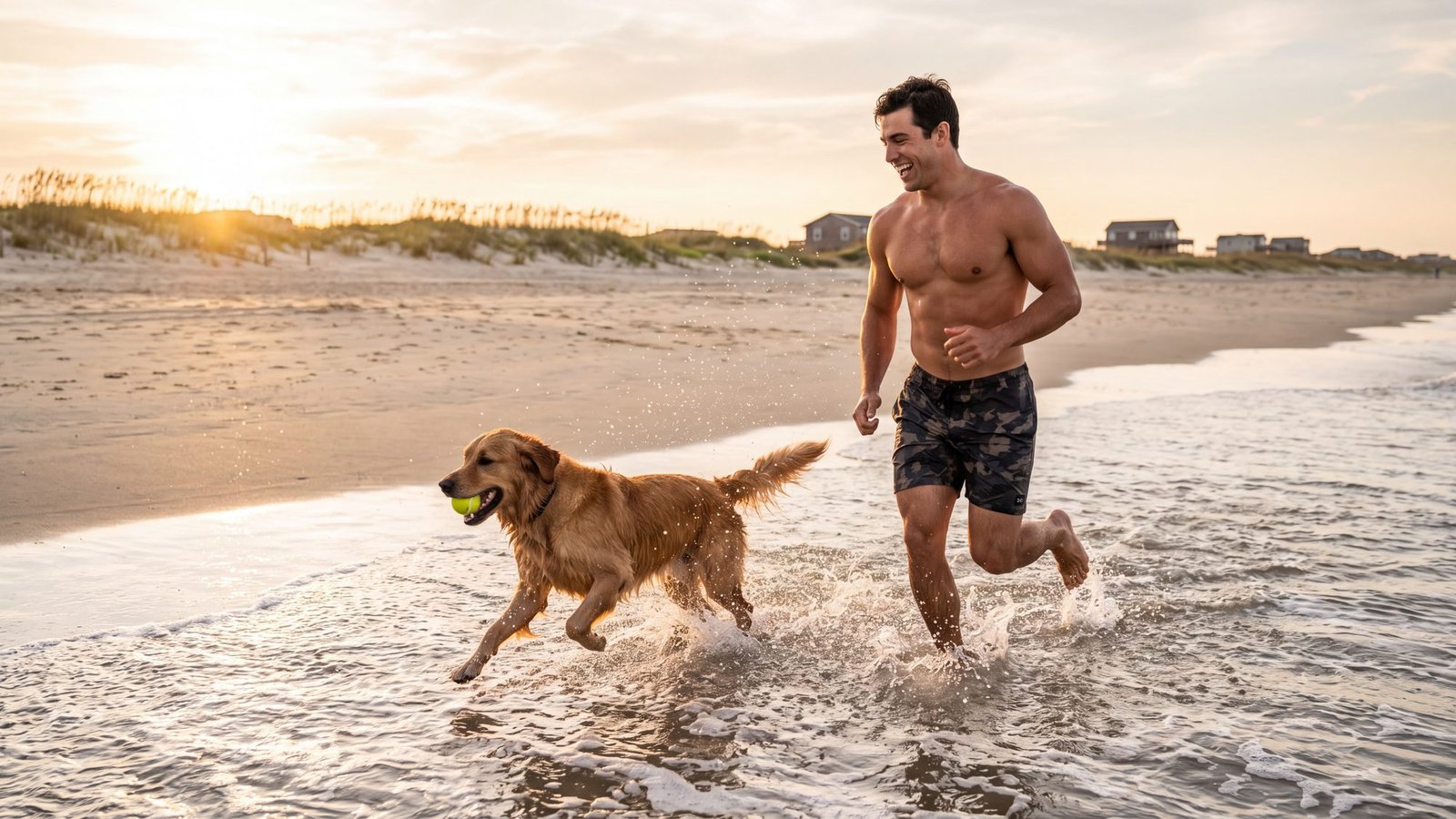 A man and a golden retriever run side by side through the shallows at golden hour, the dog carrying a tennis ball
