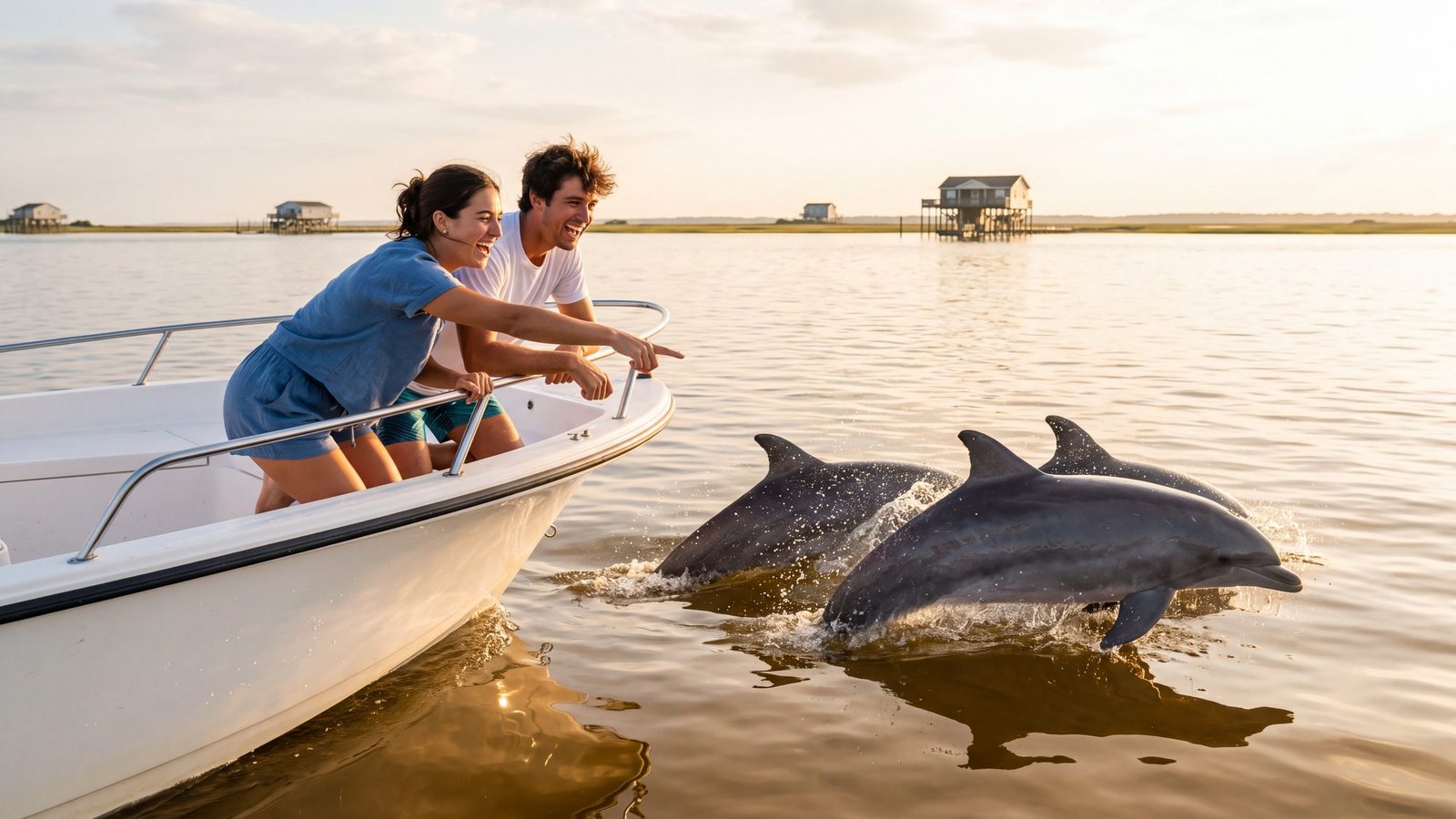 A couple leans over the bow rail of a small boat on Roanoke Sound at golden hour as three bottlenose dolphins surface beside it