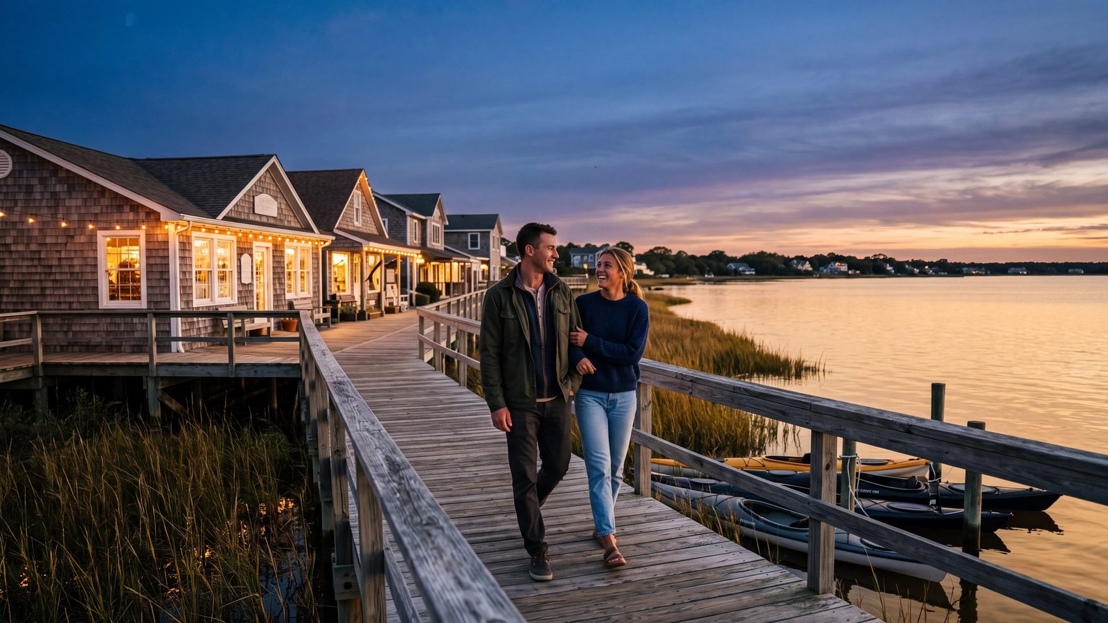 A couple walks the wooden soundfront boardwalk in Duck at sunset, cedar-shingled shops with lit windows behind them and kayaks tied up below
