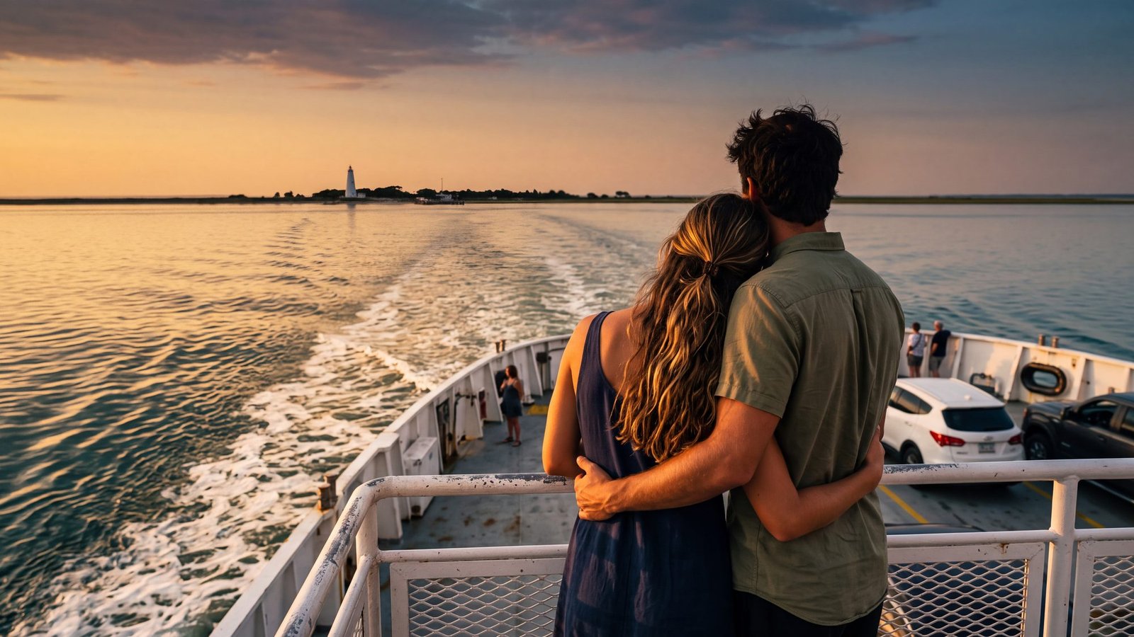 A couple at the stern rail of the ferry at the end of the day, looking back across the golden wake toward Ocracoke and its white lighthouse