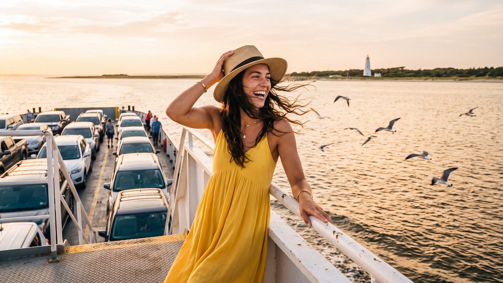 A woman in a yellow sundress laughs at the rail of a North Carolina sound ferry at golden hour, cars in rows behind her, gulls alongside, Ocracoke and its white lighthouse ahead