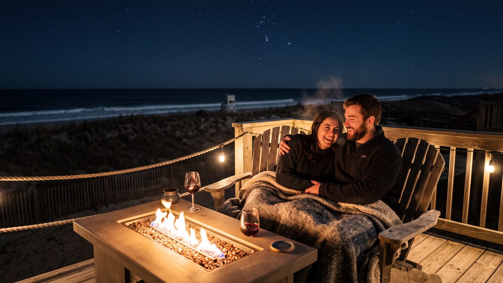 A couple under one blanket beside a glowing fire table on a beach-house deck at night, two glasses of red wine, a starry sky over the dune