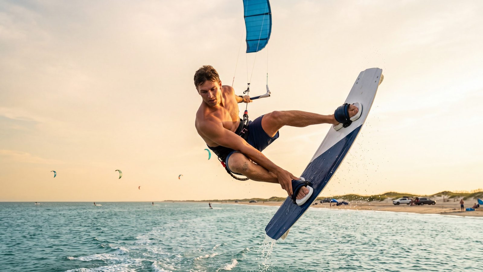 A kiteboarder boosts a big jump over the flat sound at Canadian Hole, grabbing the board, other kites dotting the water behind him