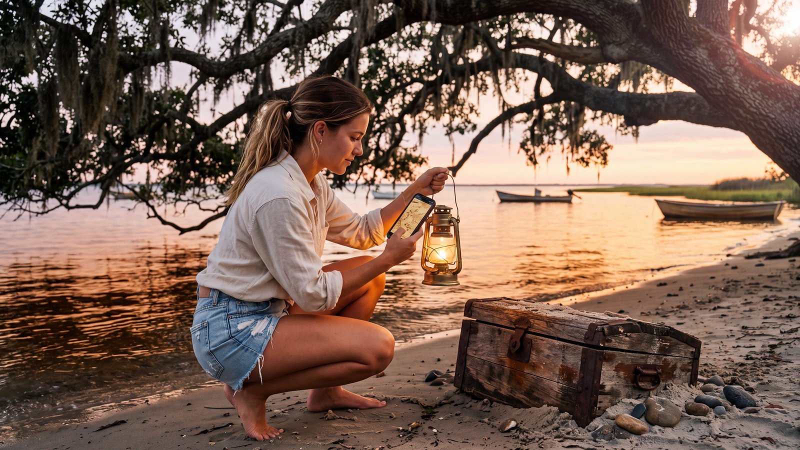 A woman with a lit lantern reads a map on her phone beside an old sea chest half buried in sand under moss-hung live oaks at dusk on the Ocracoke soundside