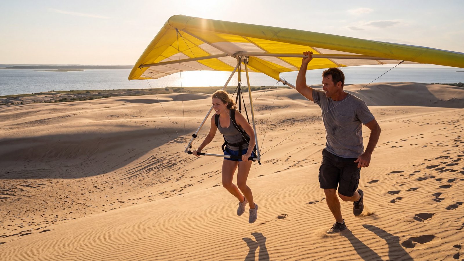 A woman in a harness beneath a yellow hang glider lifts a few feet off the sand dune at Jockey’s Ridge while an instructor runs alongside holding the wing