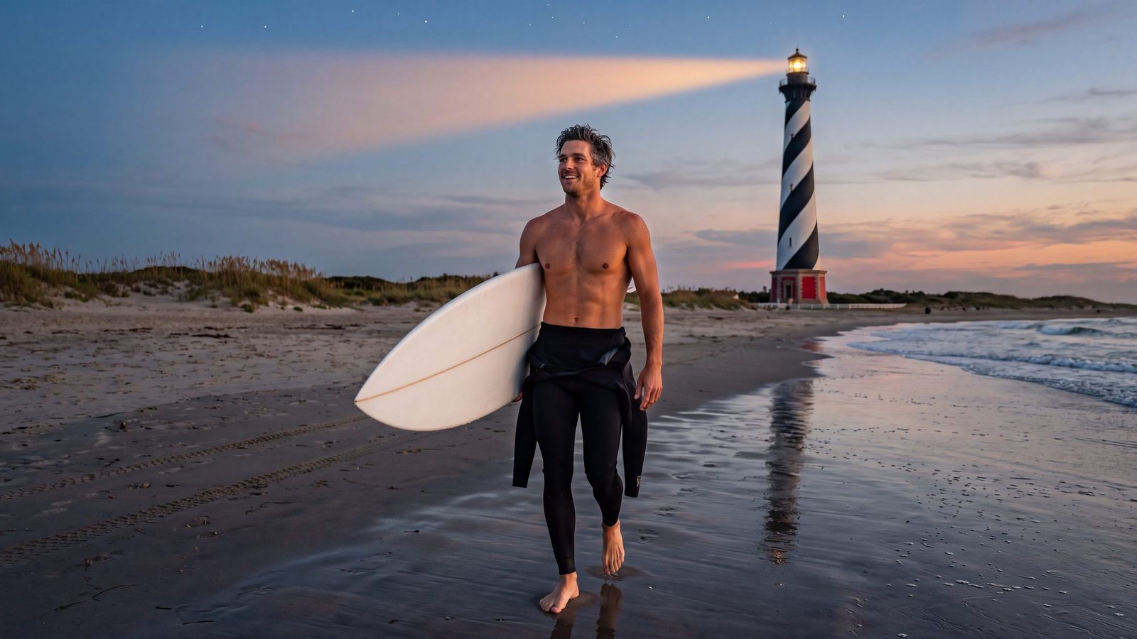 A surfer carries his board up the sand at dusk with the Cape Hatteras Lighthouse behind him, black and white spiral stripes on a red brick base, its beam just lit
