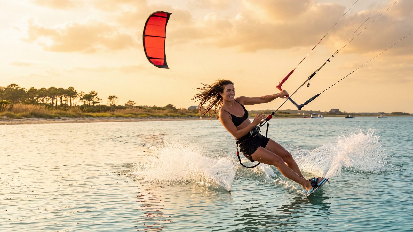 A kiteboarder carving spray across flat golden sound water at Canadian Hole on Hatteras Island